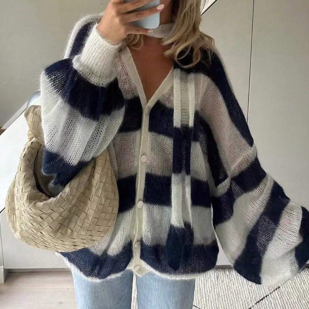 Cozy Striped Oversized Button Down Knit Cardigan